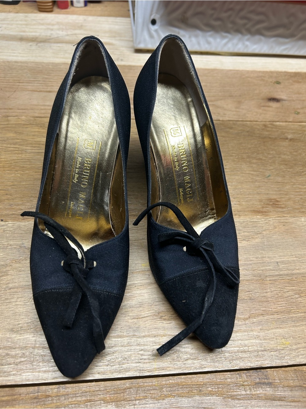 Vintage Bruno Magli Black Suede Pointed-Toe Pumps crafted in Bologna, Italy